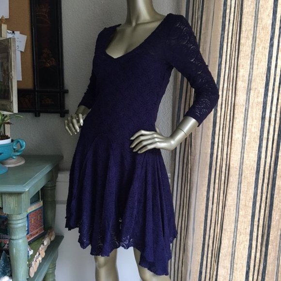 Free People Navy Stretch Lace Fit & Flare Dress - Picture 4 of 8